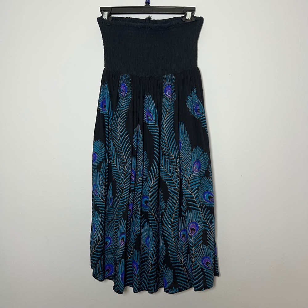 Womens Large Black Peacock Feather Smocked Strapless Sequin Mini Dress Y2K 90's - Picture 2 of 7